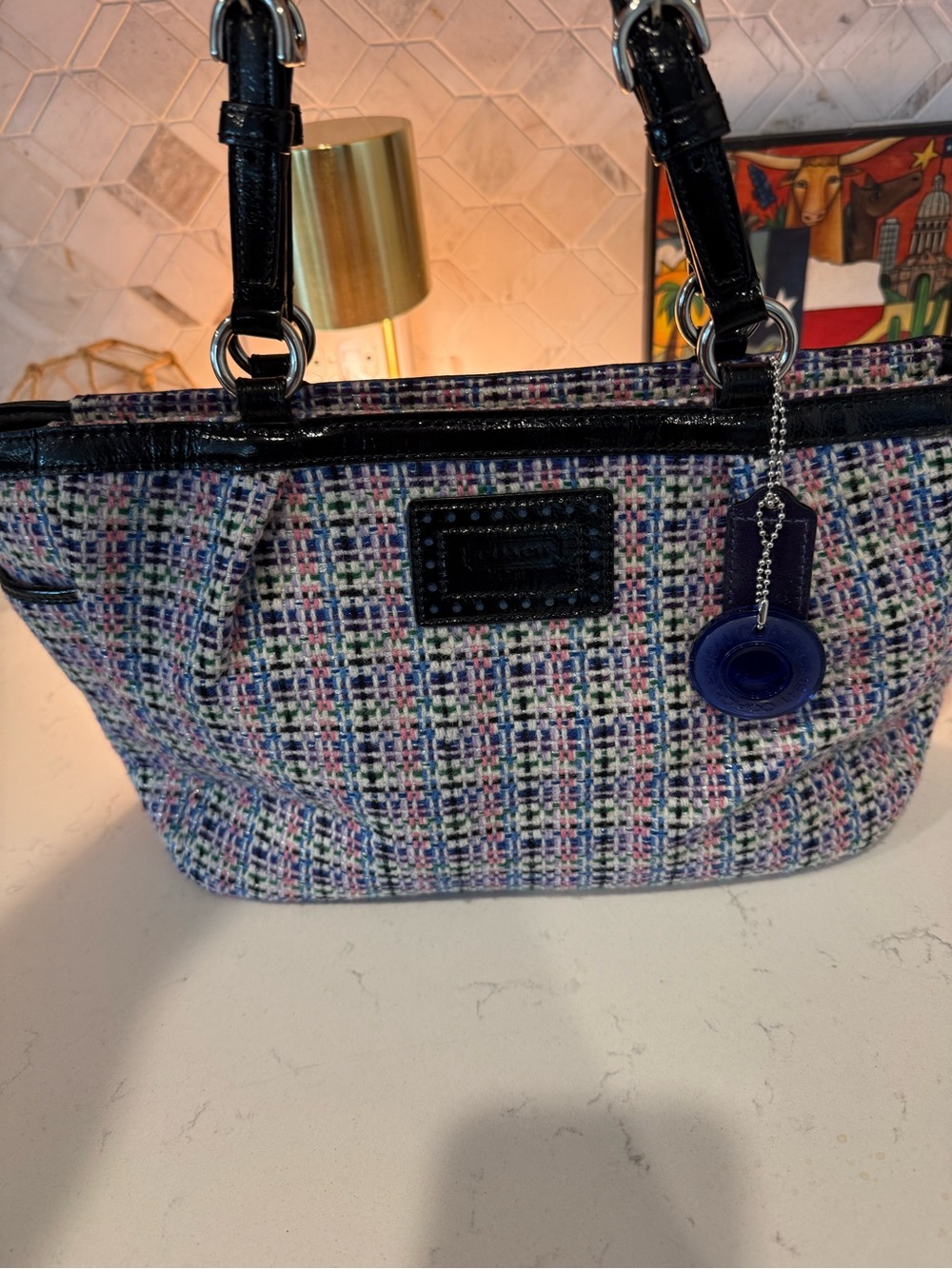 Coach Multicolor Tweed Shoulder Bag with Black Patent Trim